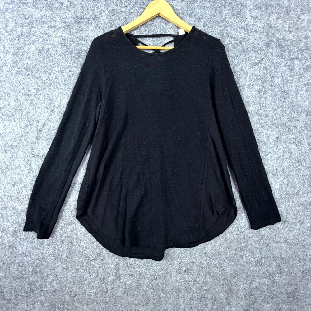Lazy Sundays Tunic Top Womens Medium Black Criss Cross Back Curved Hem Casual